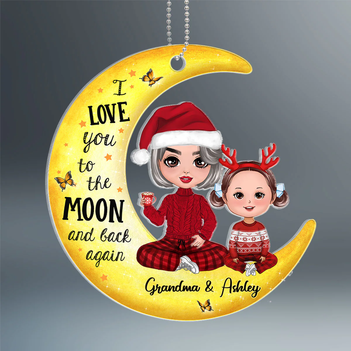 Doll Grandma & Grandkids On Yellow Moon Personalized Custom Shaped Acrylic Ornament - Image 2