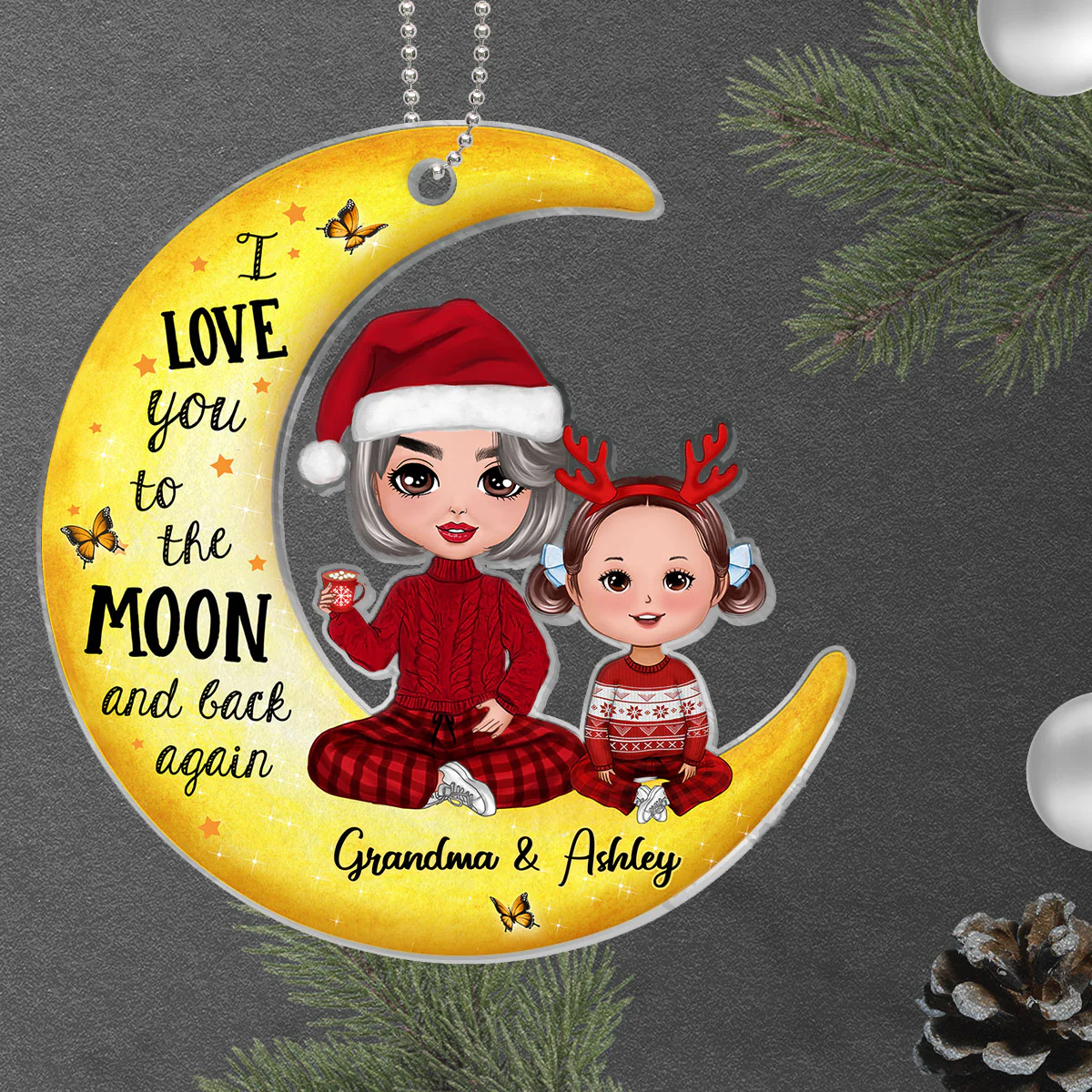 Doll Grandma & Grandkids On Yellow Moon Personalized Custom Shaped Acrylic Ornament - Image 3