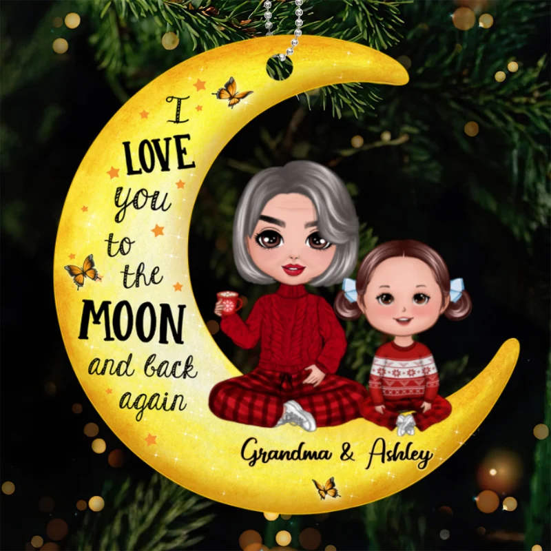 Doll Grandma & Grandkids On Yellow Moon Personalized Custom Shaped Acrylic Ornament - Image 4