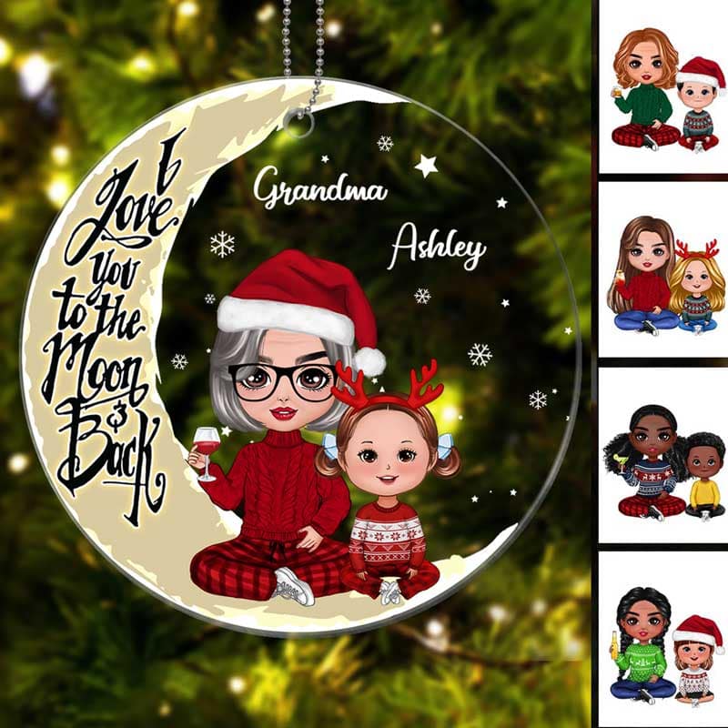Doll Grandma & Grandkids On Yellow Moon Snow - Personalized Ornament - Image 2
