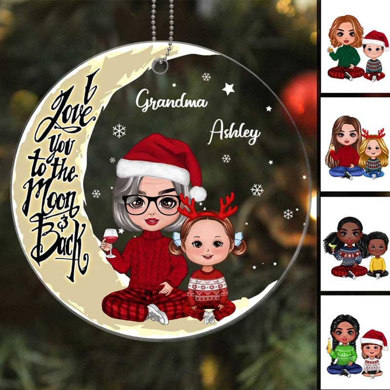 Doll Grandma & Grandkids On Yellow Moon Snow - Personalized Ornament - Image 3