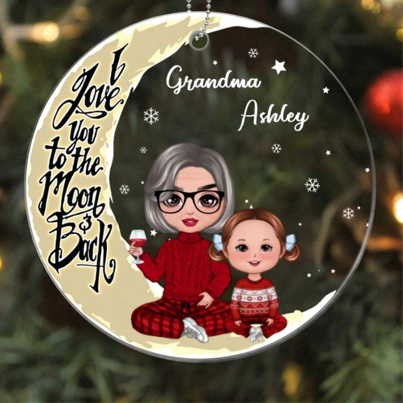 Doll Grandma & Grandkids On Yellow Moon Snow - Personalized Ornament - Image 4