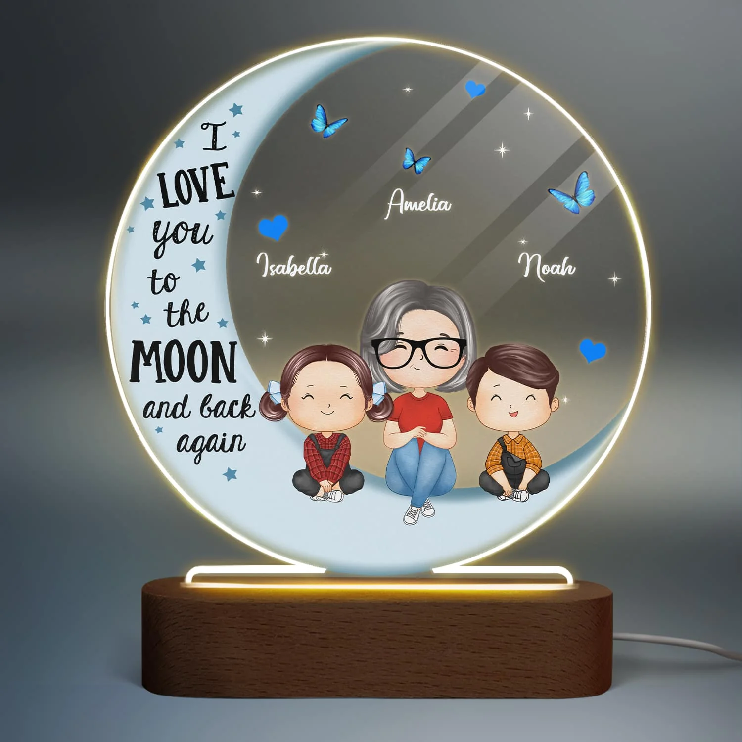 Doll Grandma Grandkids Watercolor Style Blue Moon Personalized Circle Acrylic Plaque LED Night Light - Image 2