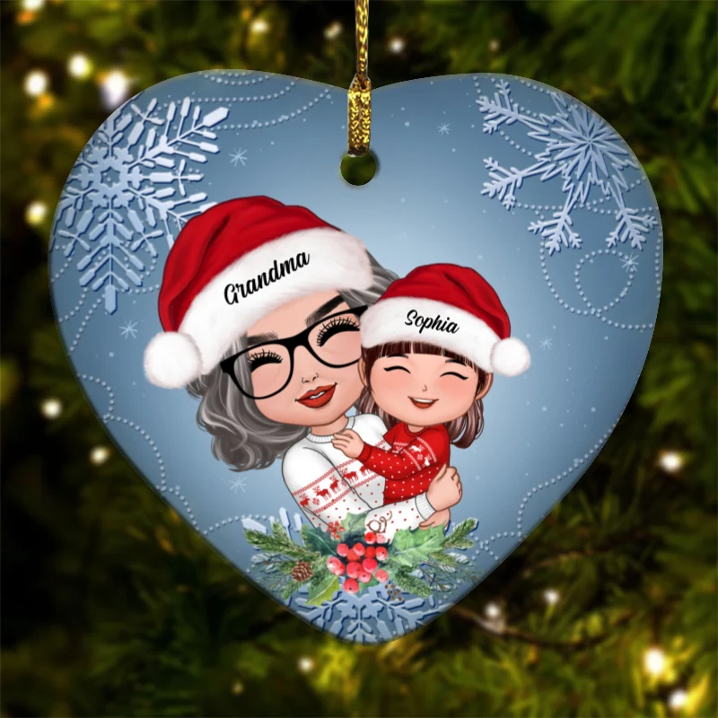 Doll Grandma Hugging Granddaughter Grandson In Winter Theme Personalized Heart Ornament - Image 5