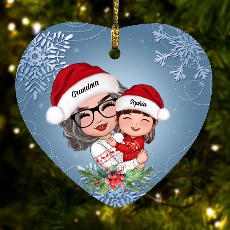 Doll Grandma Hugging Granddaughter Grandson In Winter Theme Personalized Heart Ornament - Image 6