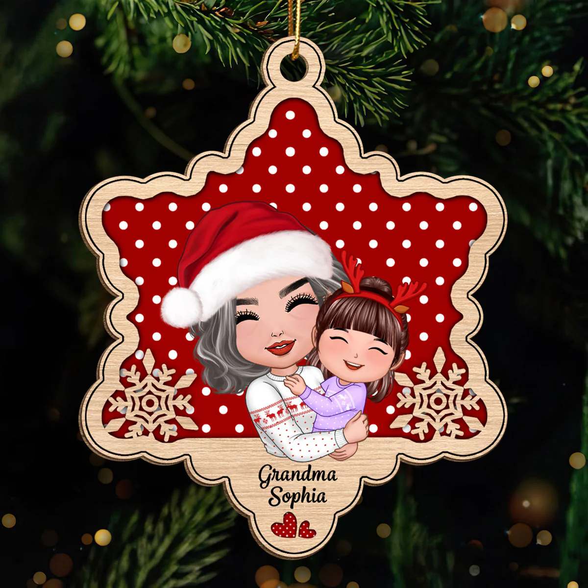 Doll Grandma Hugging Granddaughter Grandson Snowflake Personalized Wooden Ornament - Image 2
