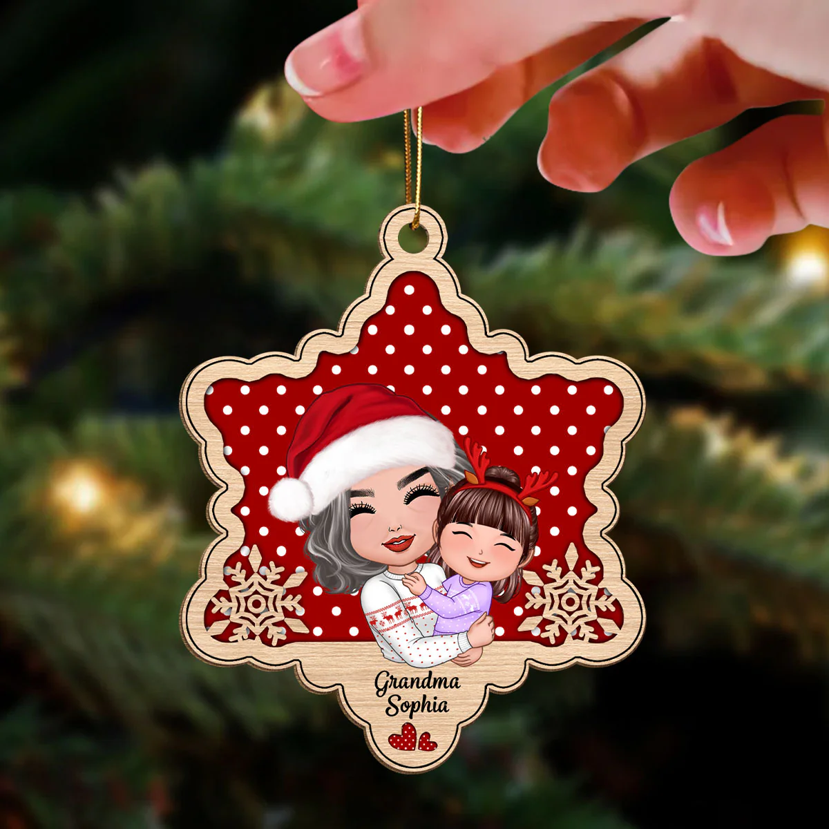 Doll Grandma Hugging Granddaughter Grandson Snowflake Personalized Wooden Ornament - Image 3