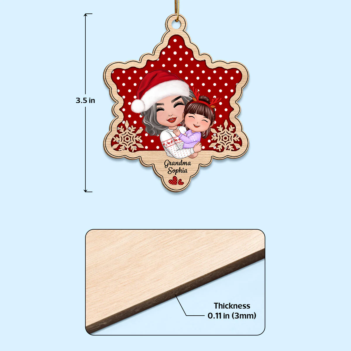 Doll Grandma Hugging Granddaughter Grandson Snowflake Personalized Wooden Ornament - Image 4