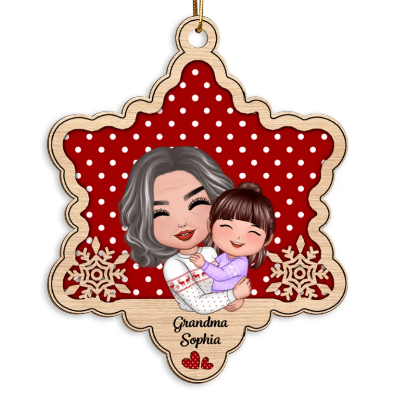 Doll Grandma Hugging Granddaughter Grandson Snowflake Personalized Wooden Ornament - Image 5