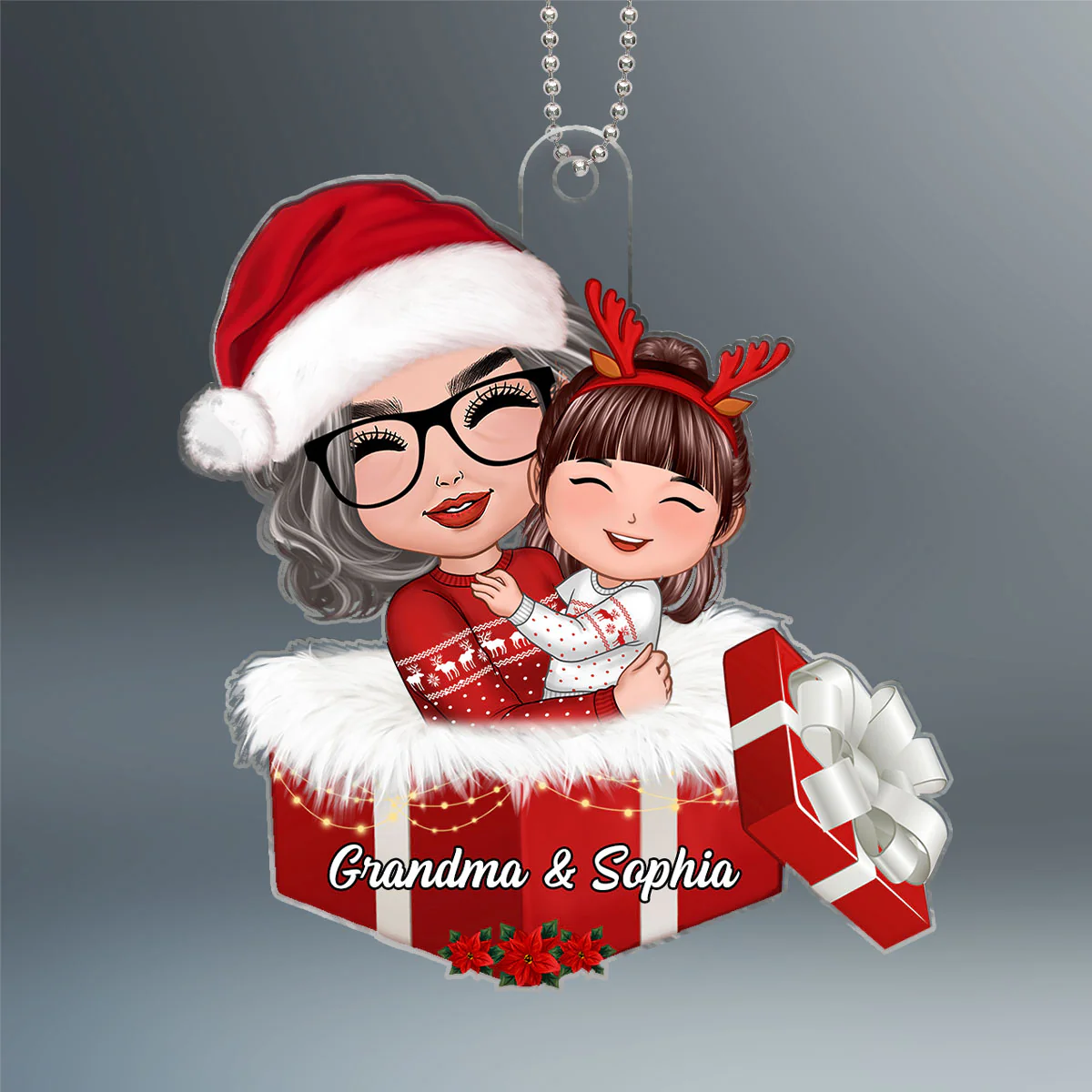 Doll Grandma Hugging Grandkid In Gift Box Christmas Gift For Granddaughter Grandson Personalized Acrylic Ornament - Image 2