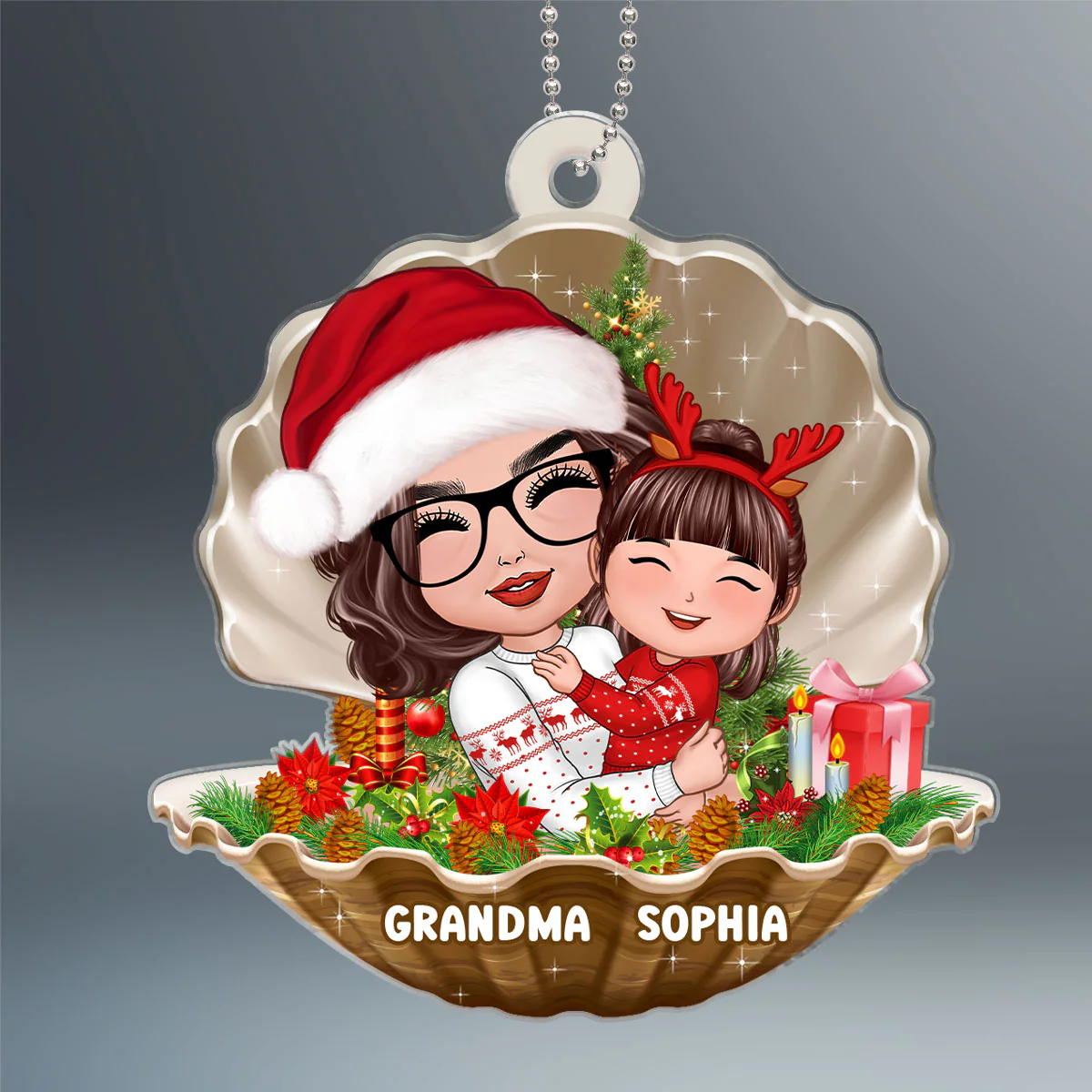 Doll Grandma Hugging Grandkid In Pearl Shell Christmas Gift For Granddaughter Grandson Personalized Acrylic Ornament - Image 2