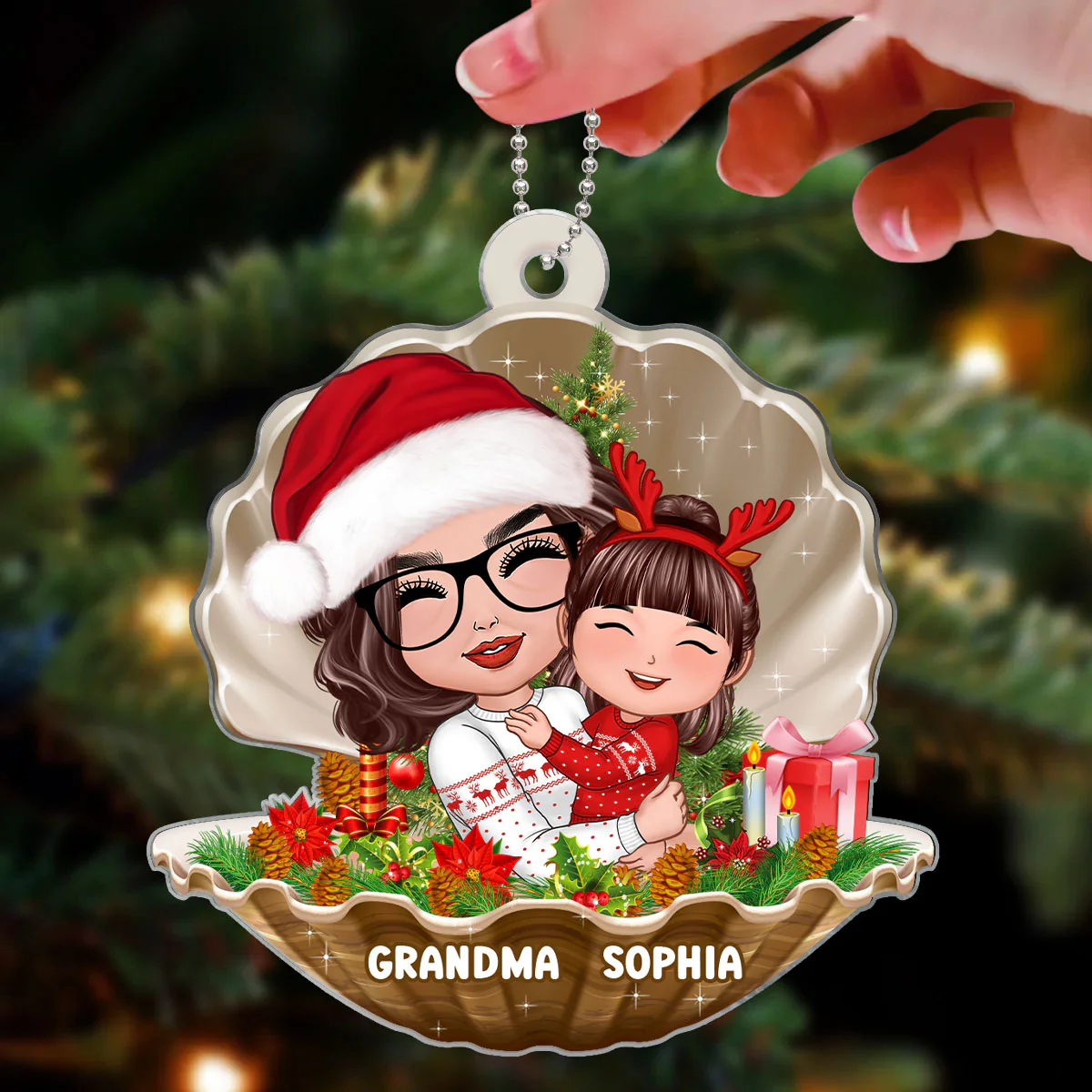 Doll Grandma Hugging Grandkid In Pearl Shell Christmas Gift For Granddaughter Grandson Personalized Acrylic Ornament - Image 3