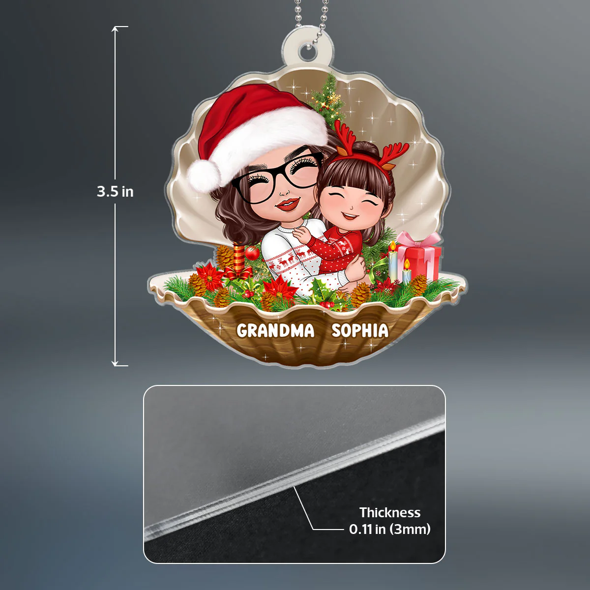 Doll Grandma Hugging Grandkid In Pearl Shell Christmas Gift For Granddaughter Grandson Personalized Acrylic Ornament - Image 4