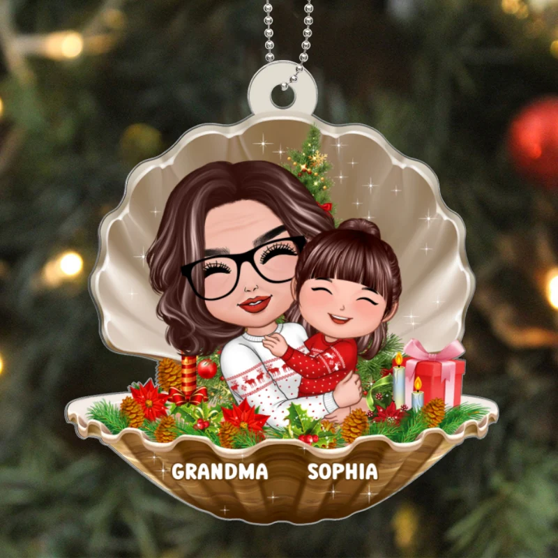 Doll Grandma Hugging Grandkid In Pearl Shell Christmas Gift For Granddaughter Grandson Personalized Acrylic Ornament - Image 5
