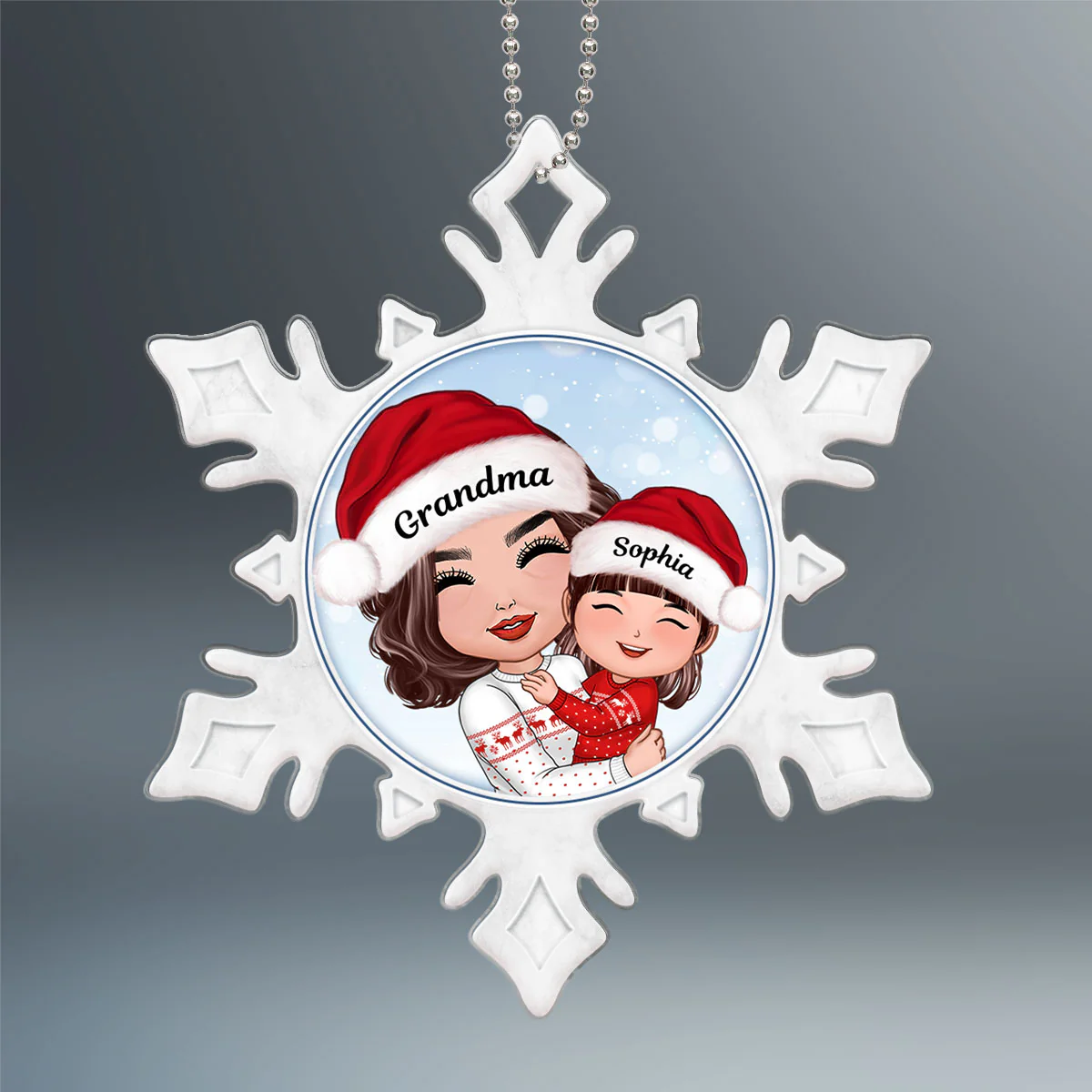 Doll Grandma Hugging Grandkid In Snowflake Christmas Gift For Granddaughter Grandson Personalized Acrylic Ornament - Image 2