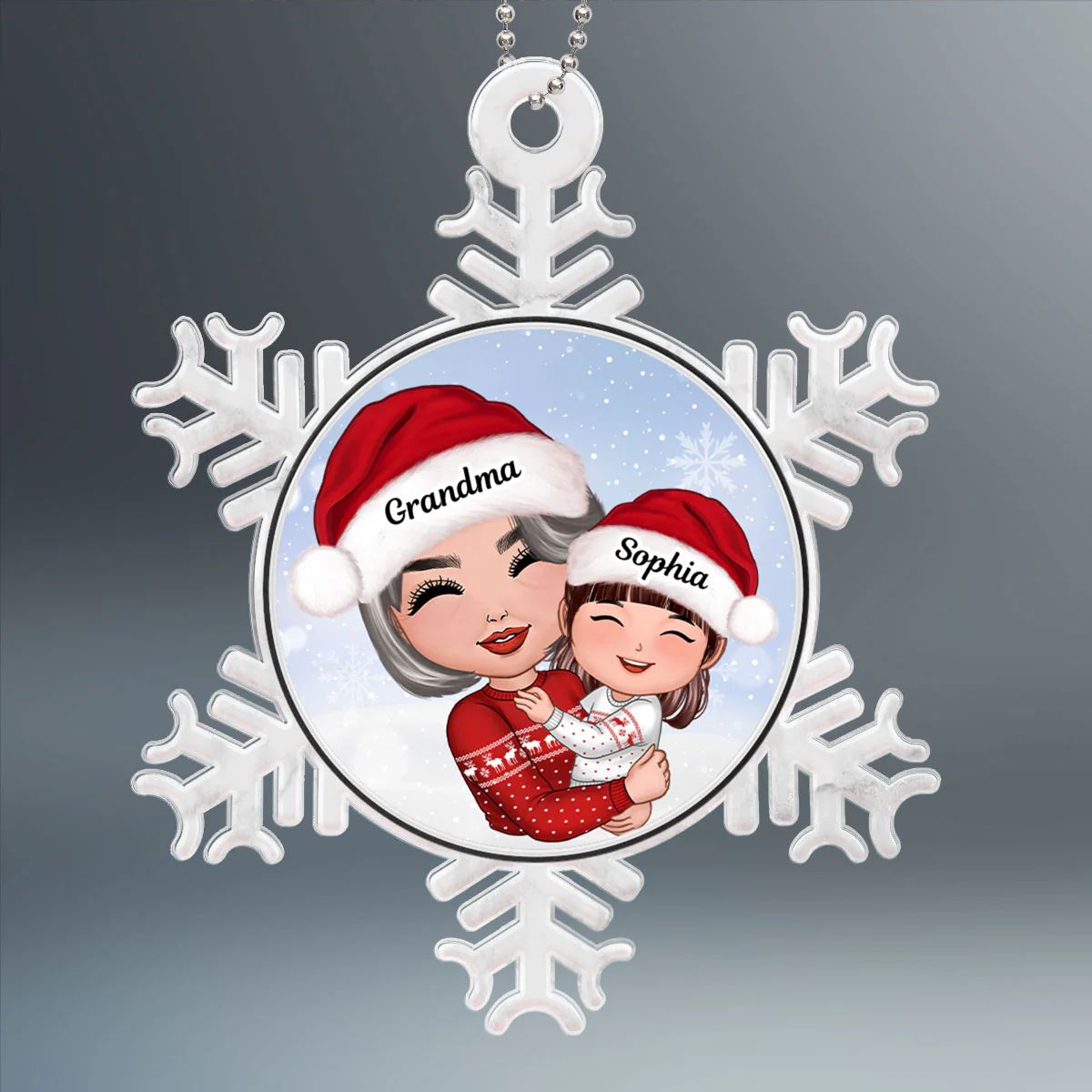 Doll Grandma Hugging Grandkid Personalized Snowflake Shaped Acrylic Ornament - Image 2