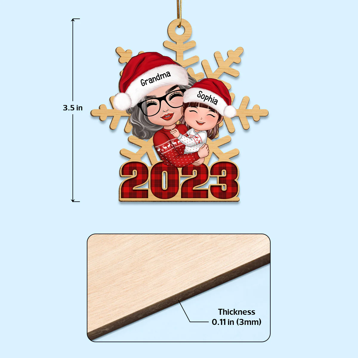 Doll Grandma Hugging Grandkid Snowflake Checkered 2023 Personalized Wooden Ornament - Image 4