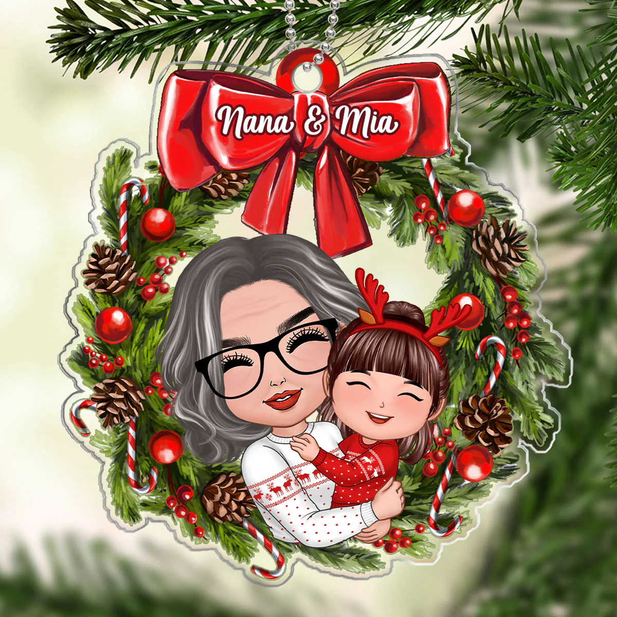 Doll Grandma Hugging Kid In Wreath Christmas Gift For Granddaughter Grandson Personalized Acrylic Ornament