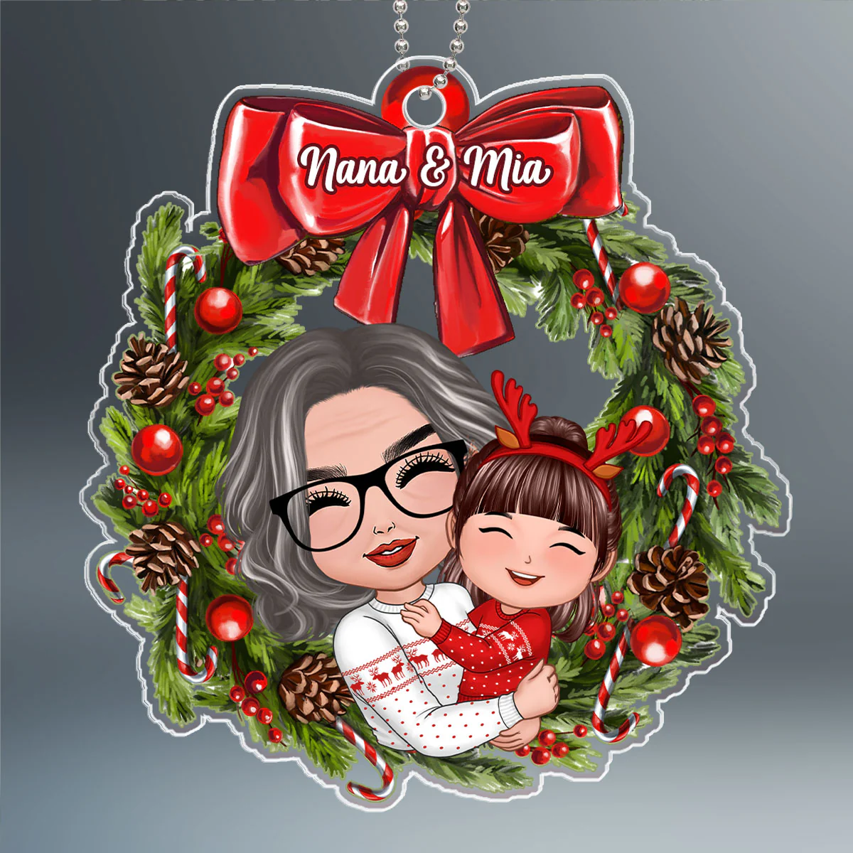 Doll Grandma Hugging Kid In Wreath Christmas Gift For Granddaughter Grandson Personalized Acrylic Ornament - Image 2
