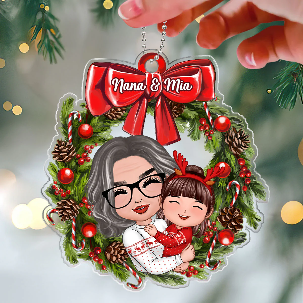 Doll Grandma Hugging Kid In Wreath Christmas Gift For Granddaughter Grandson Personalized Acrylic Ornament - Image 3