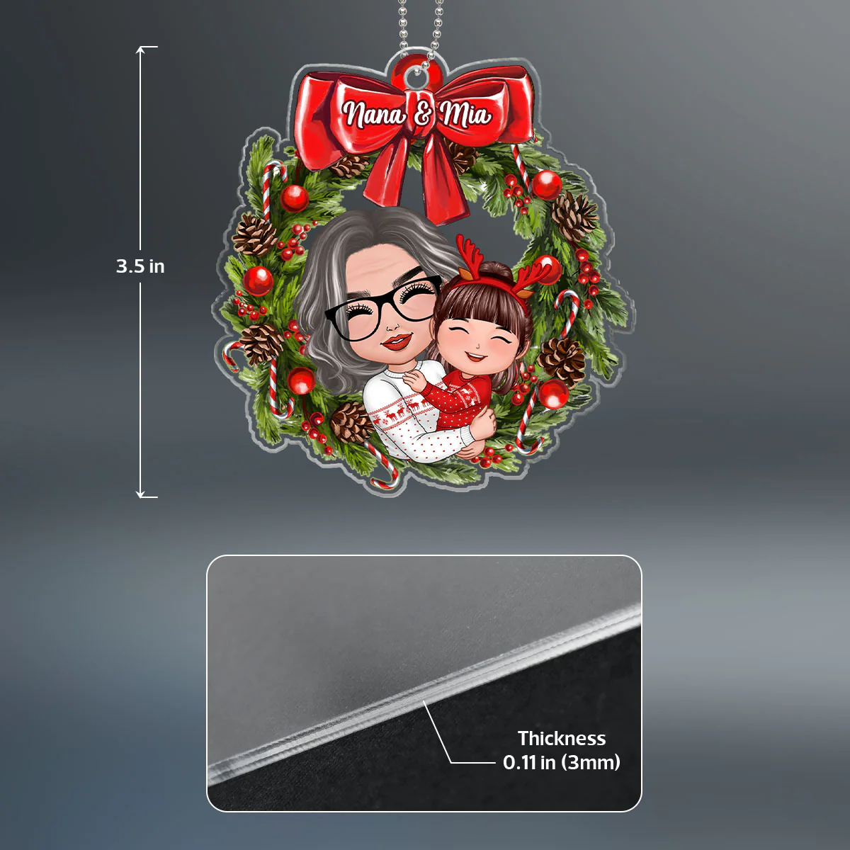 Doll Grandma Hugging Kid In Wreath Christmas Gift For Granddaughter Grandson Personalized Acrylic Ornament - Image 4