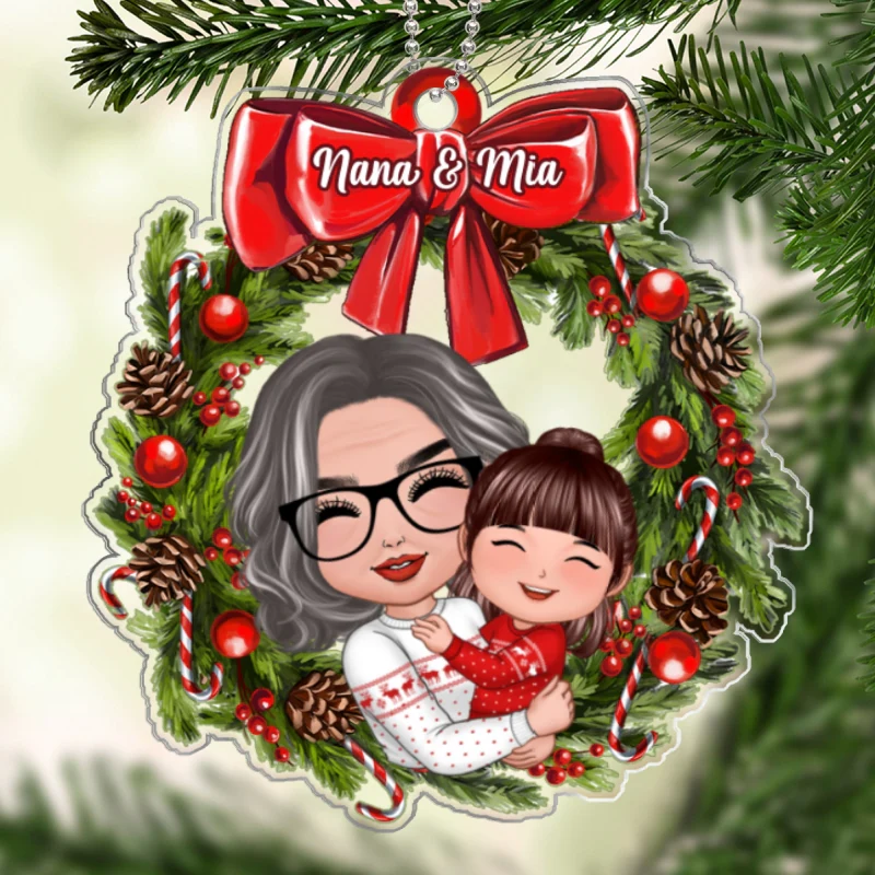 Doll Grandma Hugging Kid In Wreath Christmas Gift For Granddaughter Grandson Personalized Acrylic Ornament - Image 5