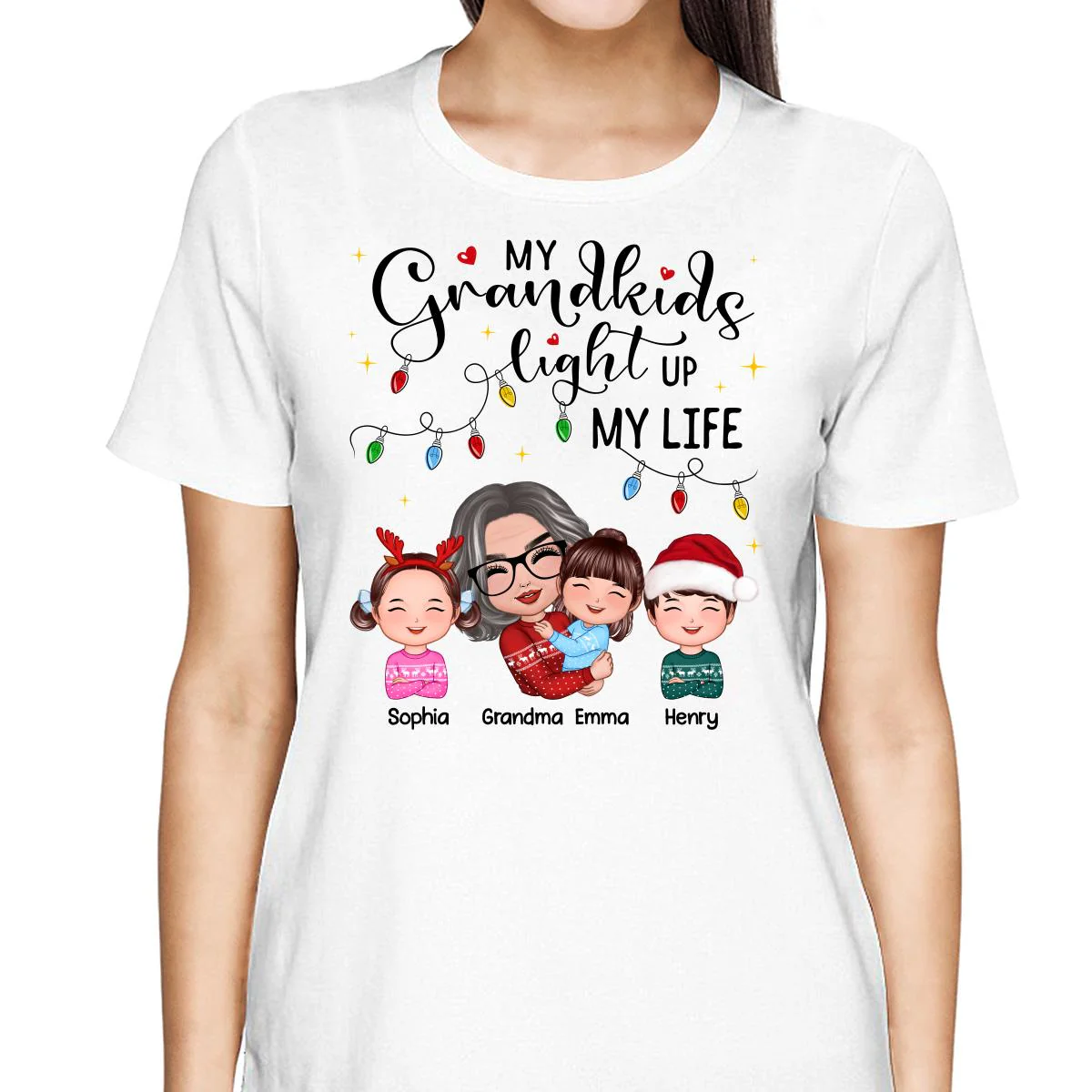 Doll Grandma Hugging Kid My Grandkids Light Up My Life Christmas Personalized Shirt - Image 2