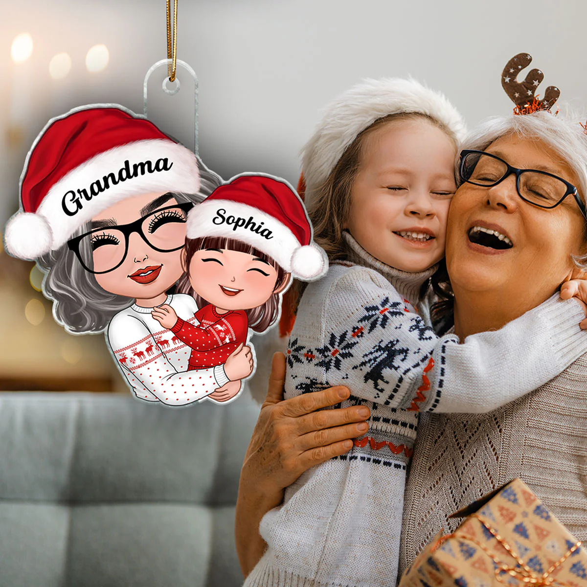 Doll Grandma Mom Hugging Kid Christmas Gift For Granddaughter Grandson Personalized Acrylic Ornament - Image 4