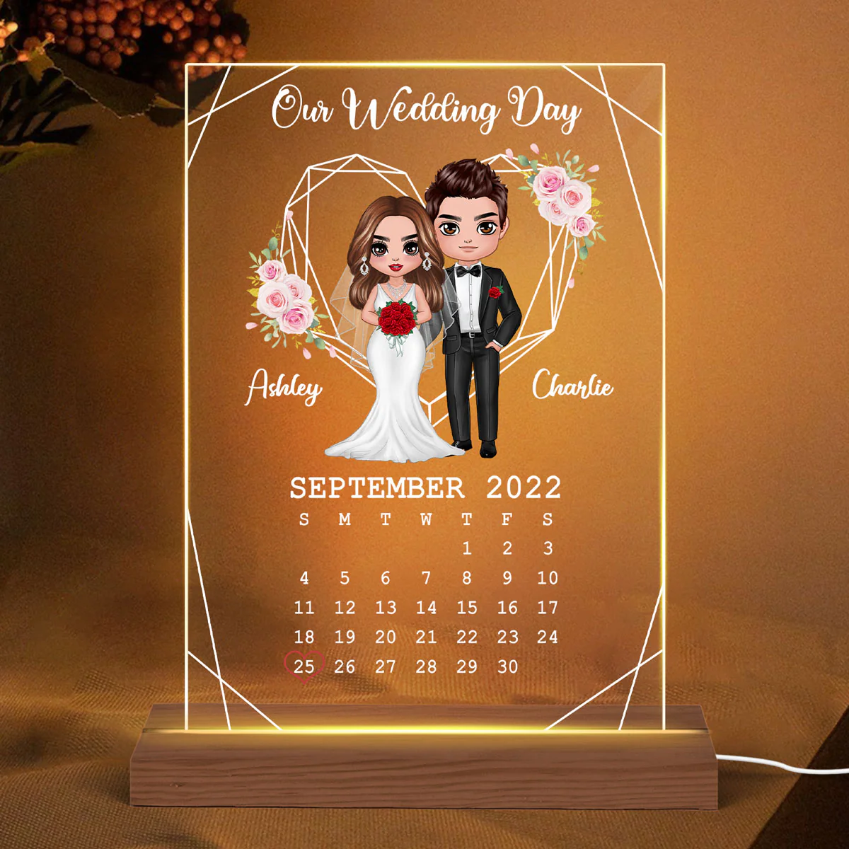 Doll Groom And Bride Personalized Acrylic Plaque LED Night Light - Wedding Anniversary Gift For Couple - Gift For Him - Gift For Her