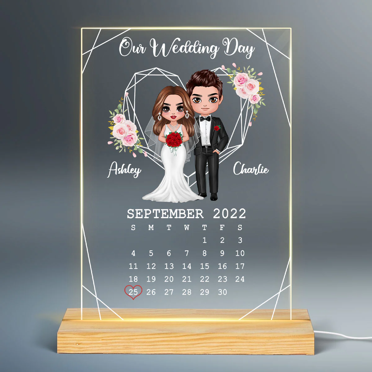 Doll Groom And Bride Personalized Acrylic Plaque LED Night Light - Wedding Anniversary Gift For Couple - Gift For Him - Gift For Her - Image 2