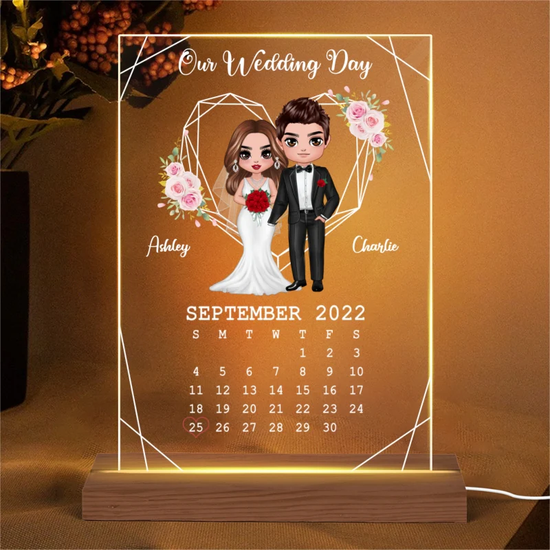 Doll Groom And Bride Personalized Acrylic Plaque LED Night Light - Wedding Anniversary Gift For Couple - Gift For Him - Gift For Her - Image 4