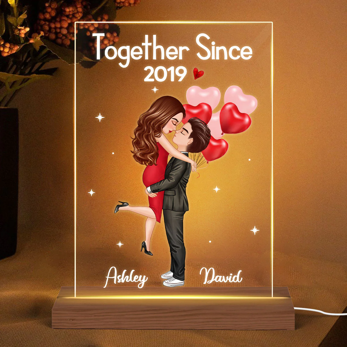 Doll Hugging Couple Valentine‘s Anniversary Gift For Him Gift For Her Personalized Rectangle Acrylic Plaque LED Lamp Night Light