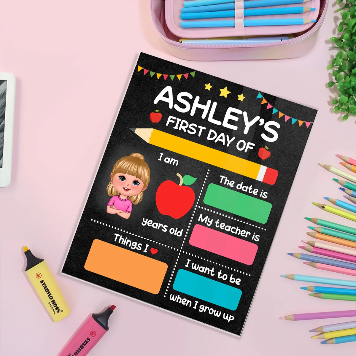 Doll Kid First Day Of School Personalized Board Sign, Editable, Reusable Back To School Sign - Image 6