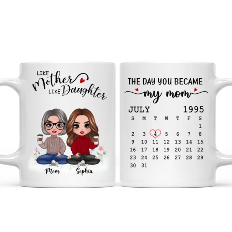 Doll Like Mother Daughter The Day You Became My Mom Calendar Date Mother‘s Day Gift For Mom Personalized Mug - Image 3