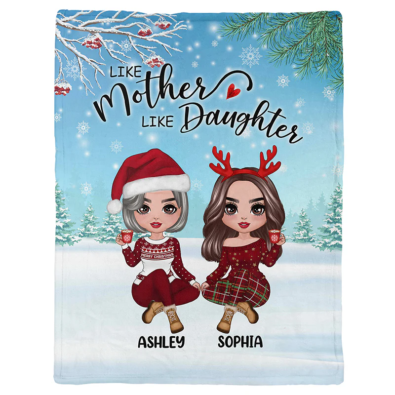 Doll Like Mother Like Daughter Sitting In Snow Christmas Personalized Fleece Blanket
