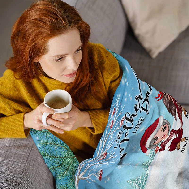 Doll Like Mother Like Daughter Sitting In Snow Christmas Personalized Fleece Blanket - Image 5