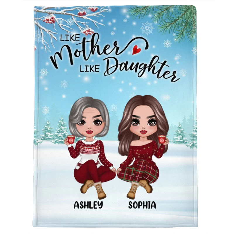 Doll Like Mother Like Daughter Sitting In Snow Christmas Personalized Fleece Blanket - Image 6