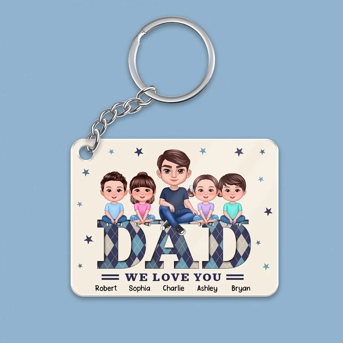 Doll Man Dad And Kids Argyle Pattern Personalized Acrylic Keychain