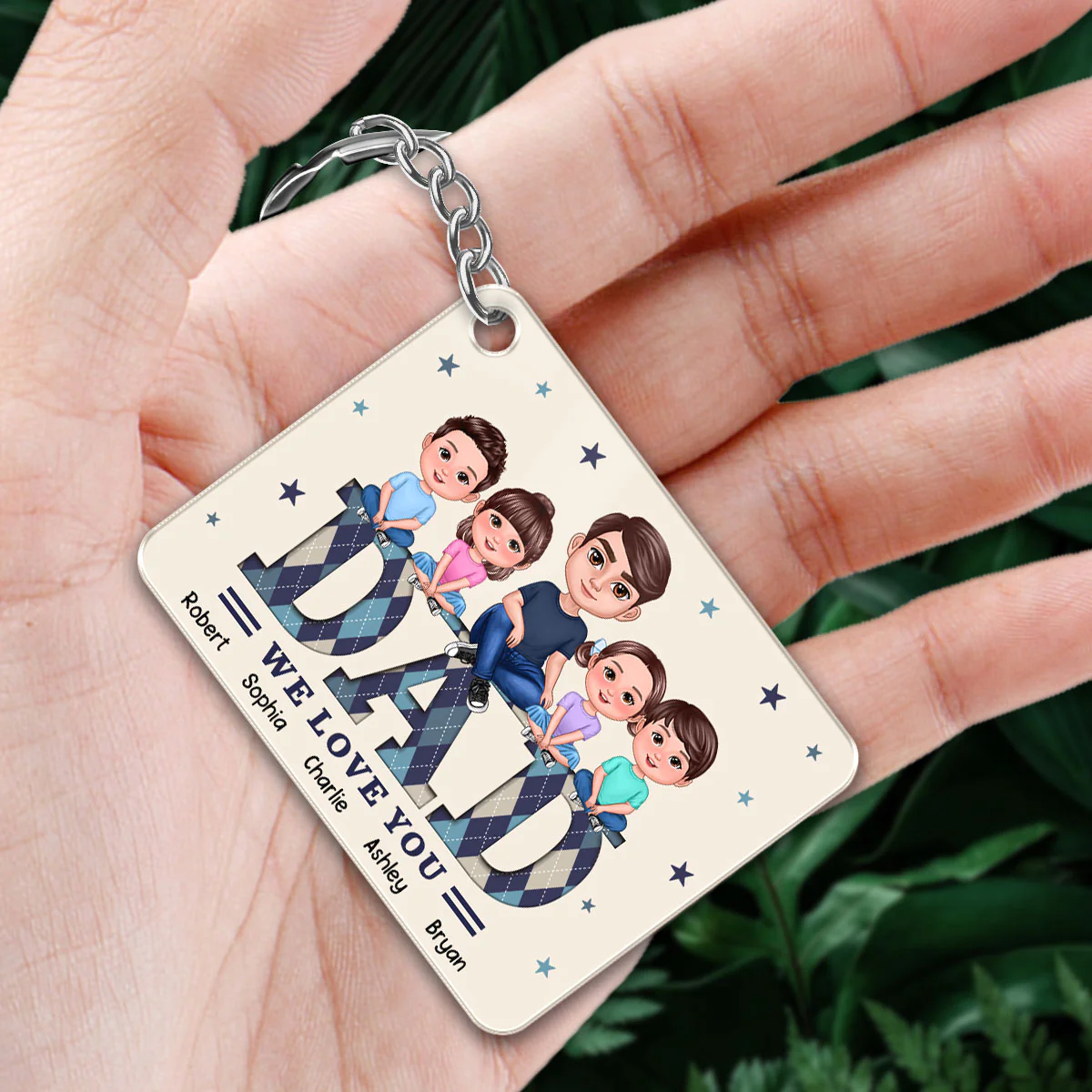 Doll Man Dad And Kids Argyle Pattern Personalized Acrylic Keychain - Image 3
