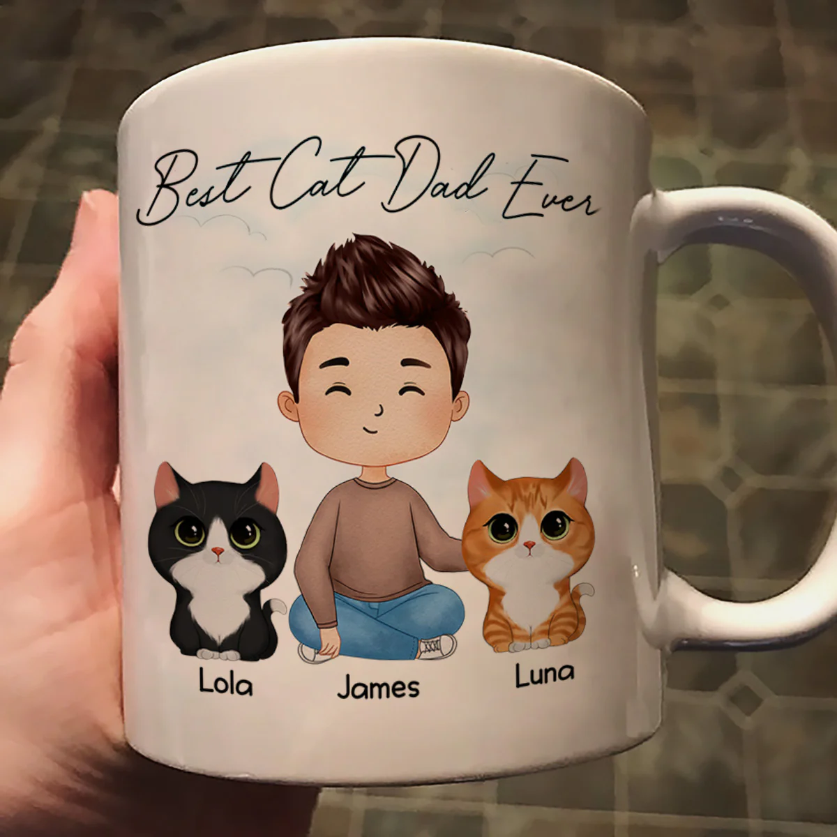 Doll Man Sitting With Cats Watercolor Style Best Cat Dad Ever Personalized Mug - Image 2