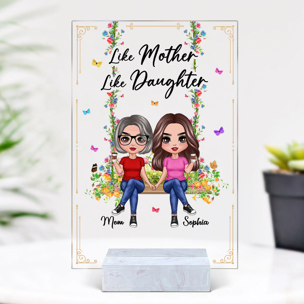 Doll Mom And Daughter Sitting On Floral Swing Personalized Acrylic Plaque