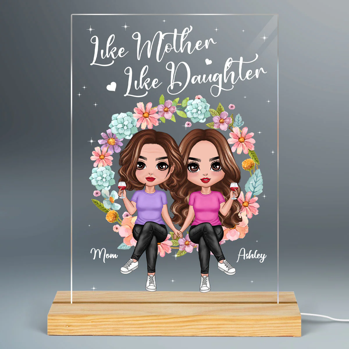 Doll Mom And Daughter Sitting On Floral Wreath Personalized Acrylic Plaque LED Night Light - Image 2
