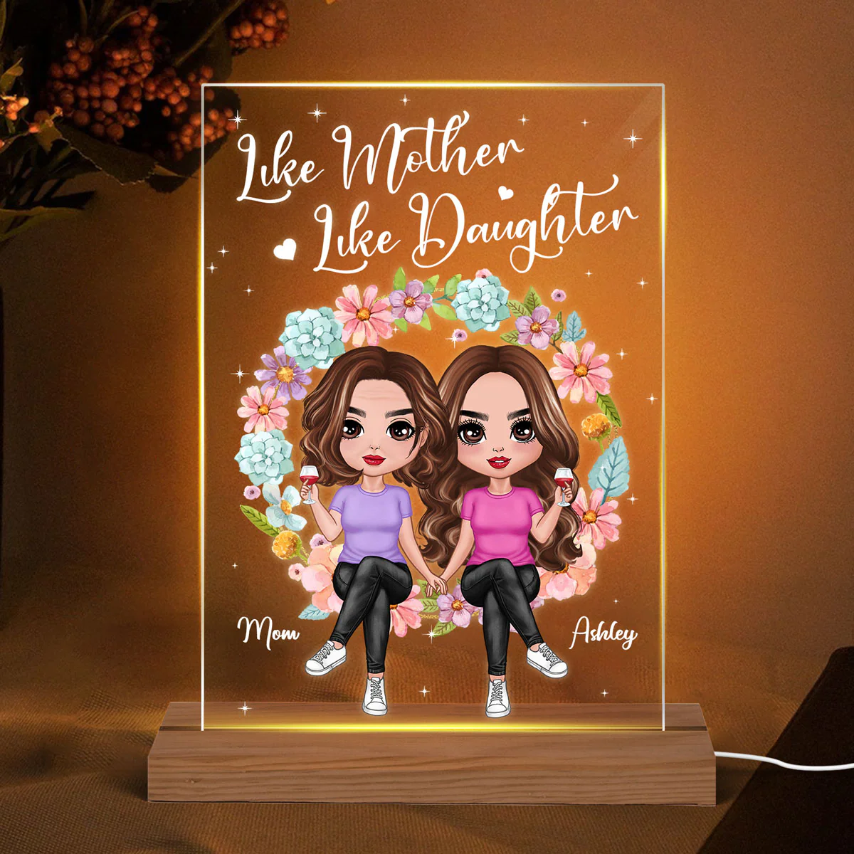 Doll Mom And Daughter Sitting On Floral Wreath Personalized Acrylic Plaque LED Night Light - Image 3