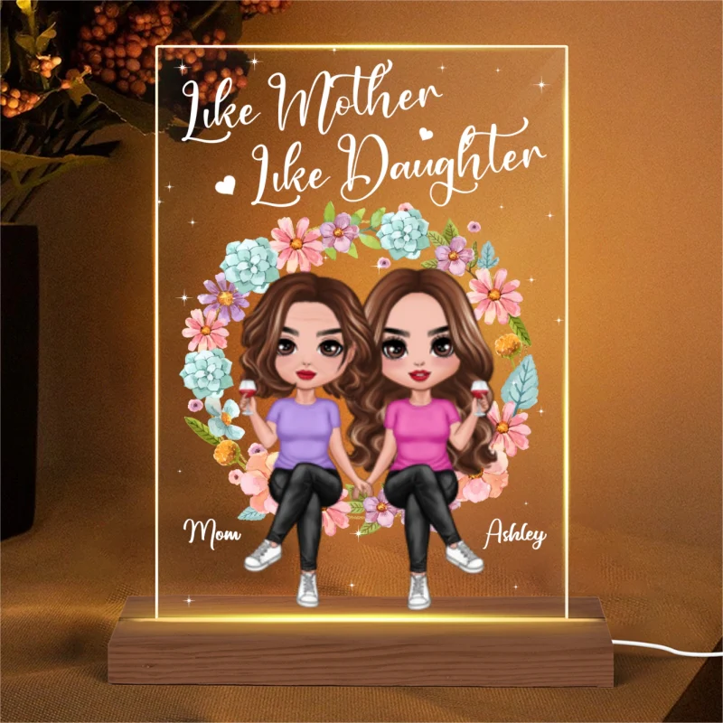 Doll Mom And Daughter Sitting On Floral Wreath Personalized Acrylic Plaque LED Night Light - Image 4