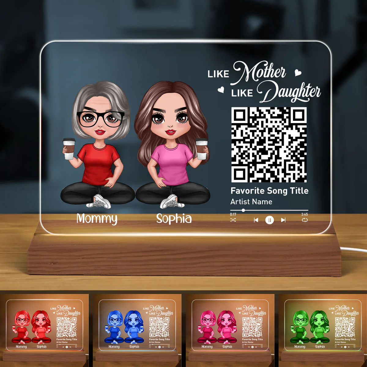 Doll Mom And Daughters Sitting Like Mother Like Daughters Favorite Song Scannable QR Code Personalized Custom Shape Acrylic Plaque LED Night Light