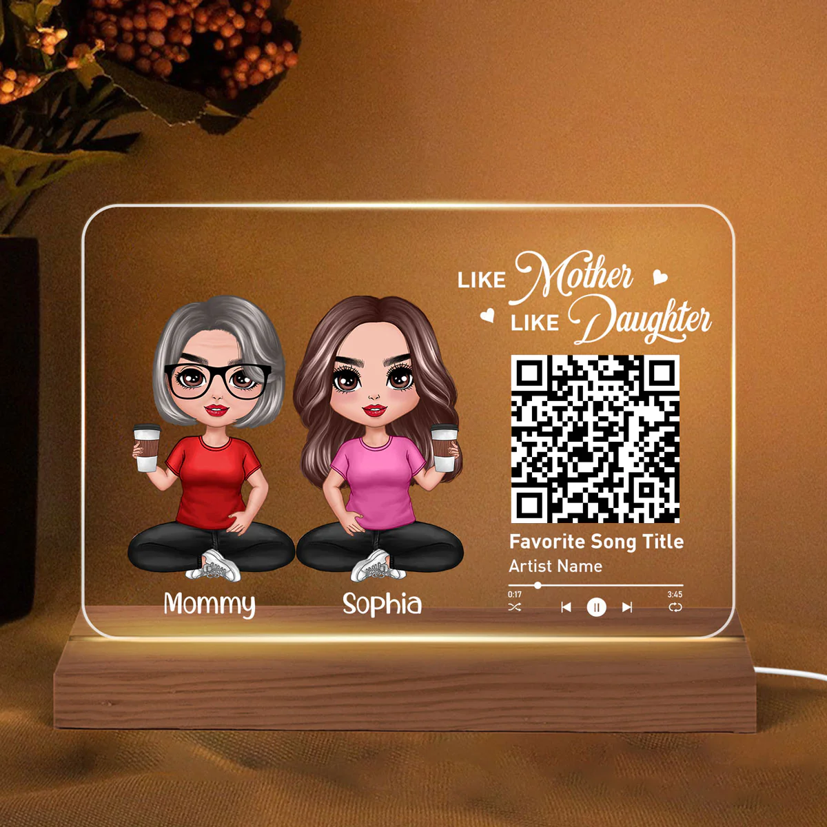 Doll Mom And Daughters Sitting Like Mother Like Daughters Favorite Song Scannable QR Code Personalized Custom Shape Acrylic Plaque LED Night Light - Image 2
