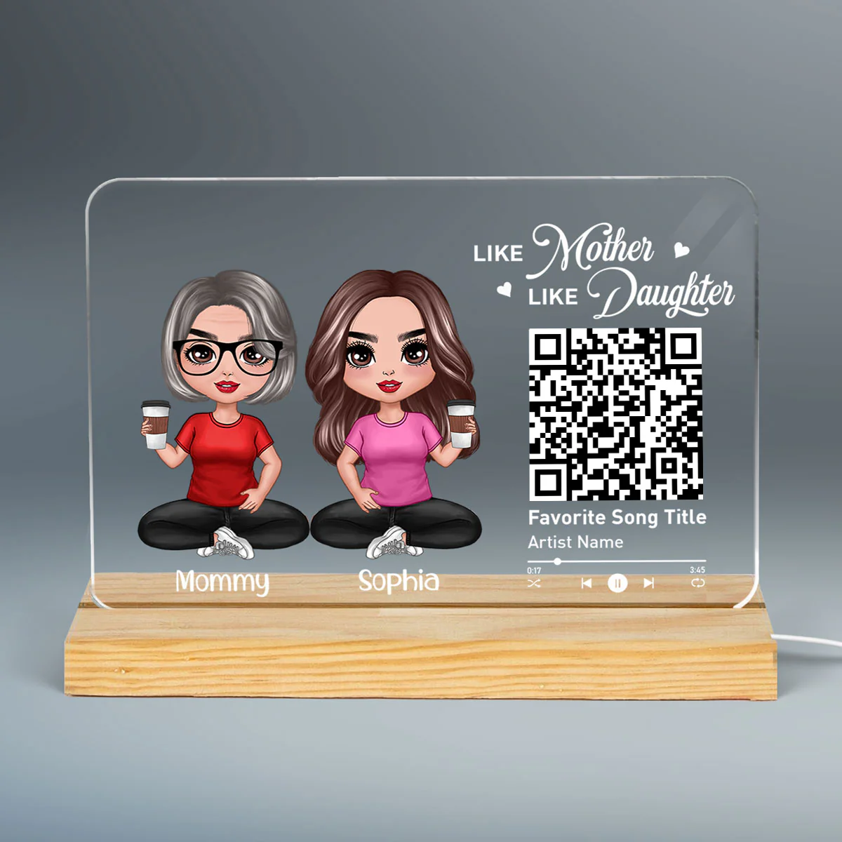 Doll Mom And Daughters Sitting Like Mother Like Daughters Favorite Song Scannable QR Code Personalized Custom Shape Acrylic Plaque LED Night Light - Image 3