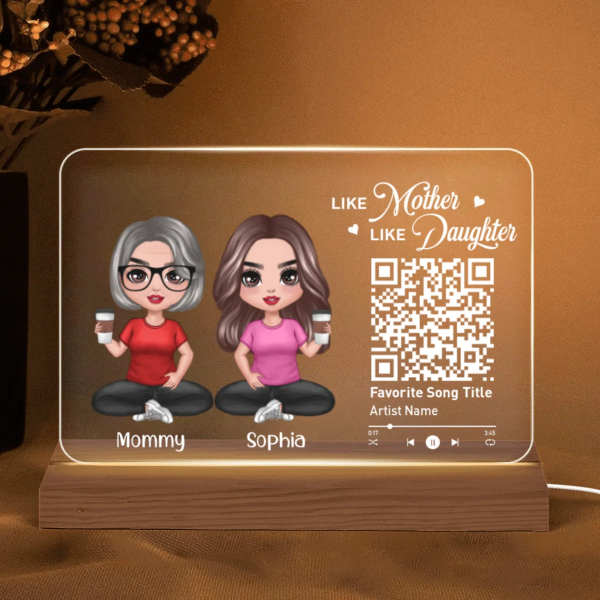 Doll Mom And Daughters Sitting Like Mother Like Daughters Favorite Song Scannable QR Code Personalized Custom Shape Acrylic Plaque LED Night Light - Image 5