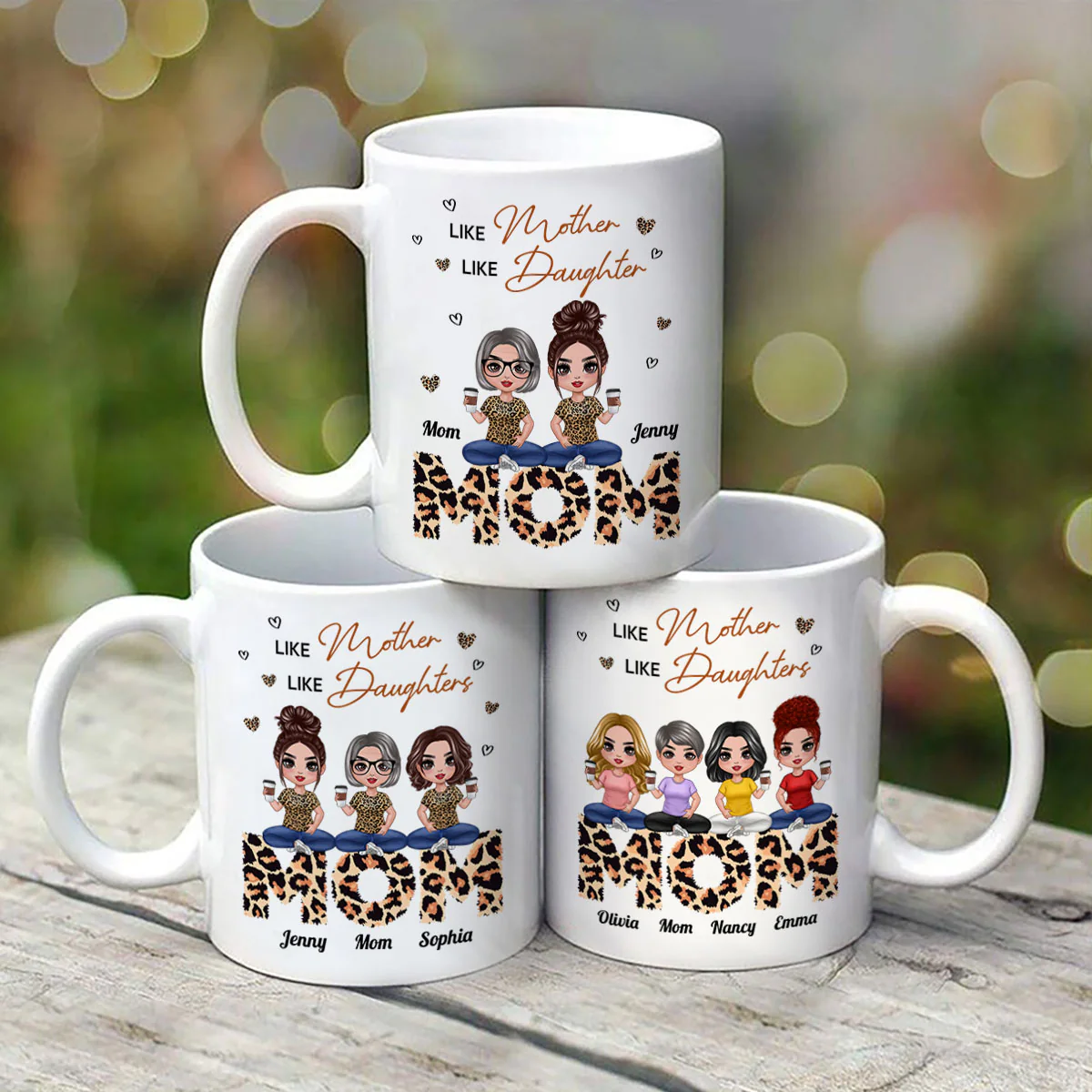 Doll Mom And Daughters Sitting On Leopard Word Like Mother Like Daughters Personalized Mug - Image 3