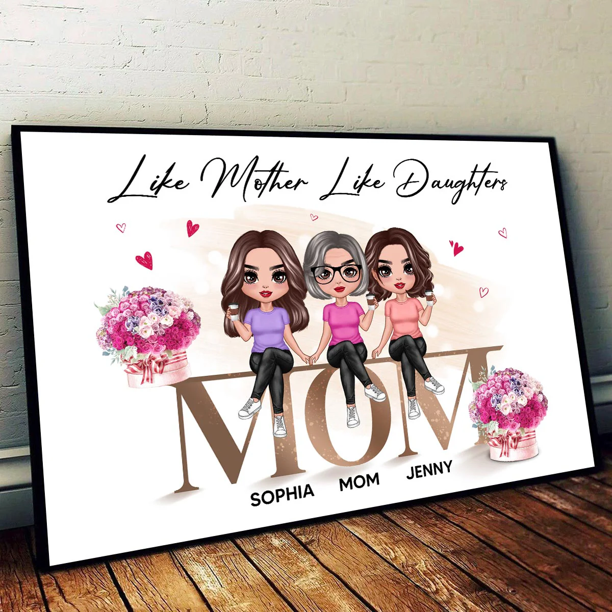 Doll Mom And Daughters Sitting On Word Personalized Horizontal Poster - Image 2